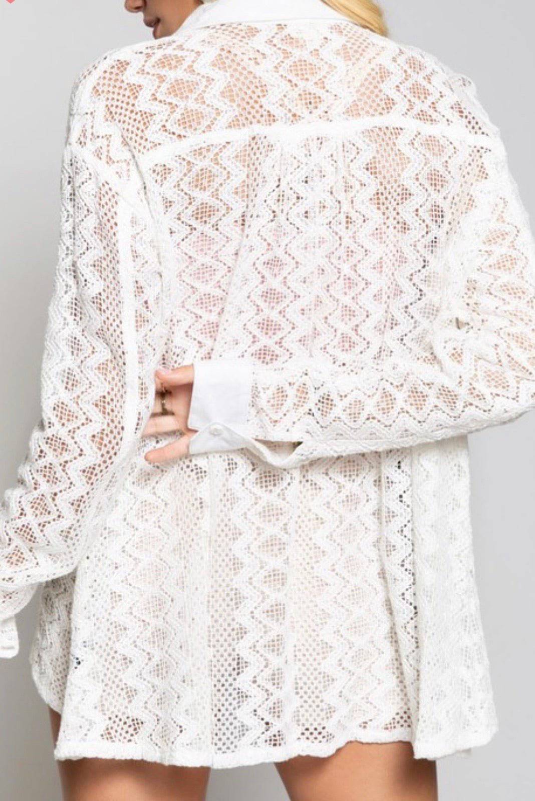 Relaxed Fit Lace Woven Shirt - Button Down Closure, Long Sleeve, 100% Cotton - Size Large - Bella Boutique & Bellasbylola.com