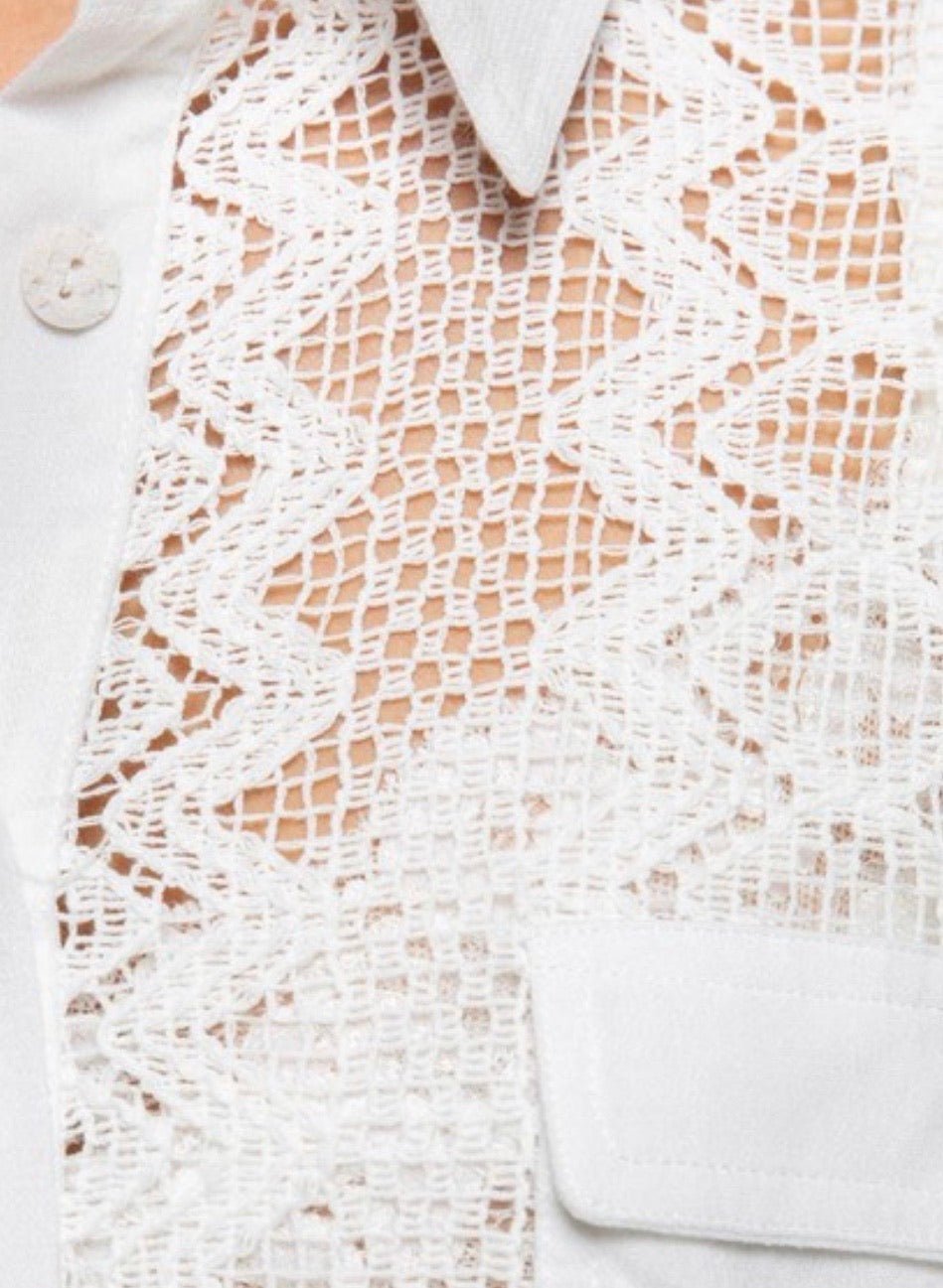 Relaxed Fit Lace Woven Shirt - Button Down Closure, Long Sleeve, 100% Cotton - Size Large - Bella Boutique & Bellasbylola.com