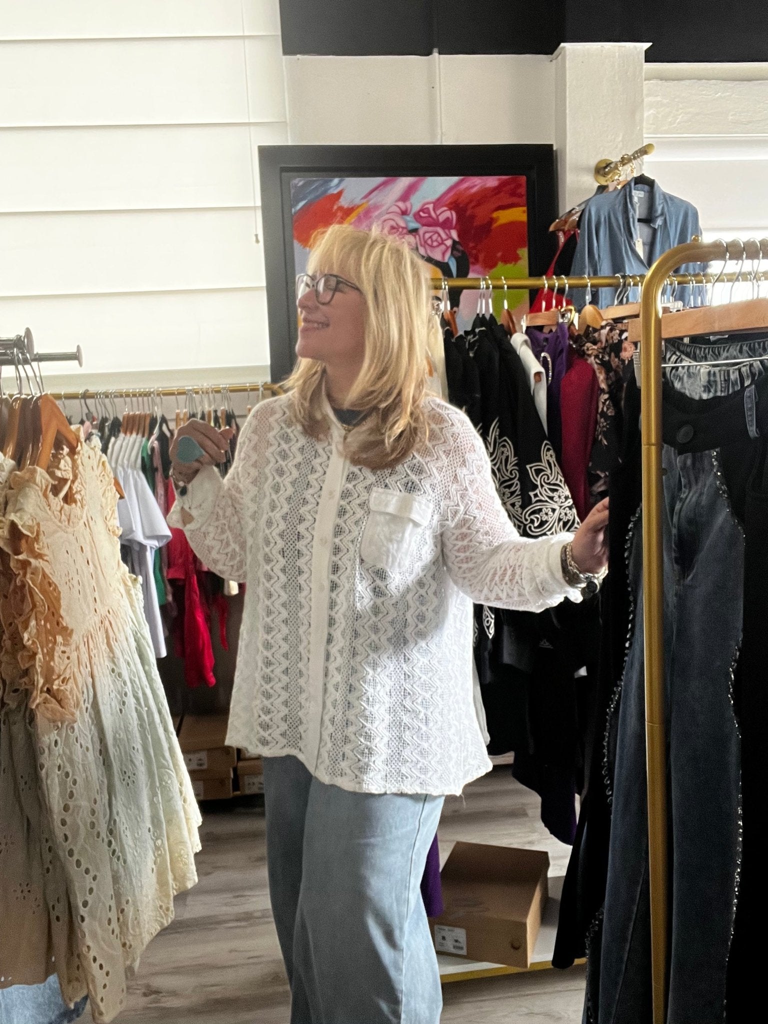 Relaxed Fit Lace Woven Shirt - Button Down Closure, Long Sleeve, 100% Cotton - Size Large - Bella Boutique & Bellasbylola.com