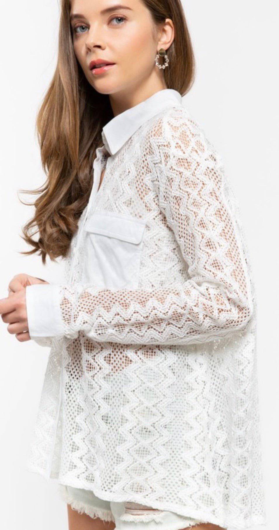 Relaxed Fit Lace Woven Shirt - Button Down Closure, Long Sleeve, 100% Cotton - Size Large - Bella Boutique & Bellasbylola.com