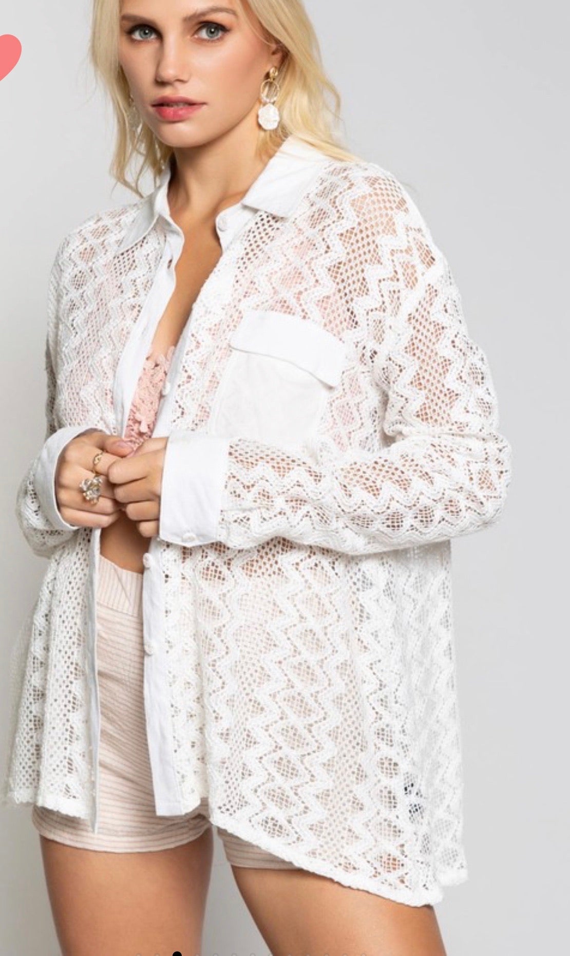 Relaxed Fit Lace Woven Shirt - Button Down Closure, Long Sleeve, 100% Cotton - Size Large - Bella Boutique & Bellasbylola.com