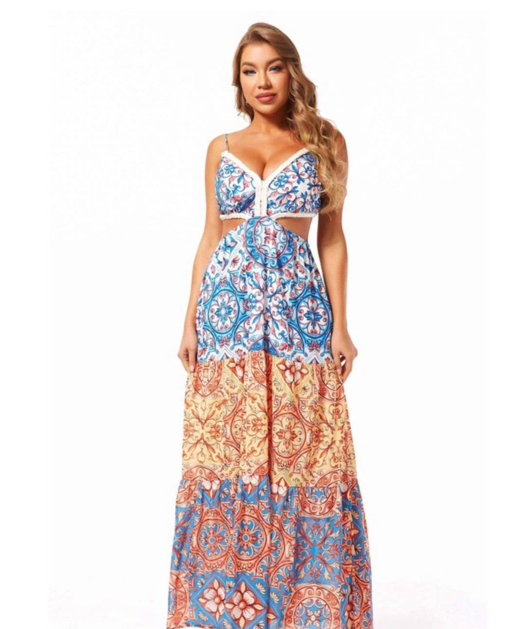 Baroque Blue Maxi: Spaghetti Strap Cutout Waist Dress - Bella Boutique & Bellasbylola.com