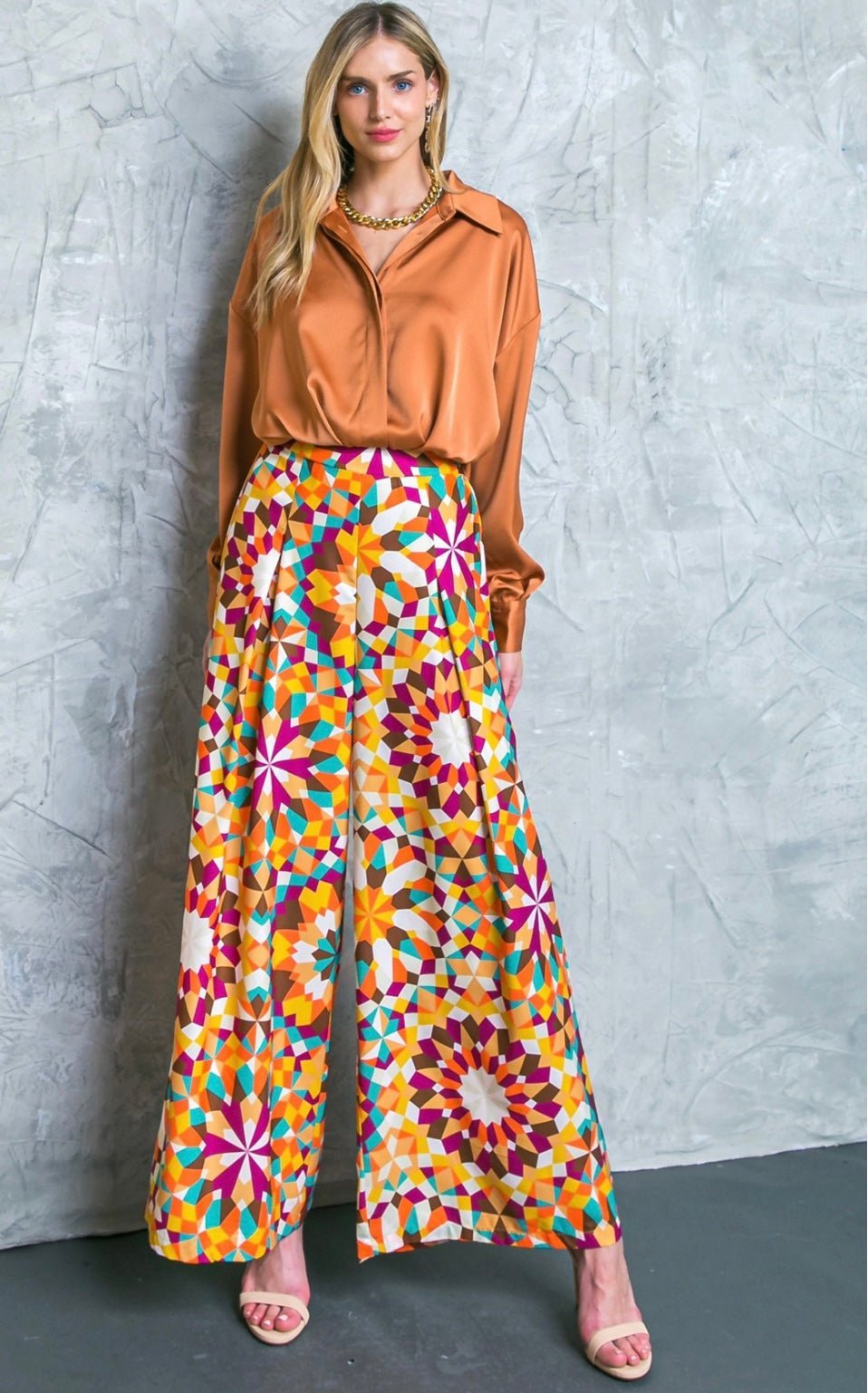 Luxury Berry Teal Rust Palazzo Pants - Elastic Waist, Wide Leg -100% Polyester - Sophisticated Style