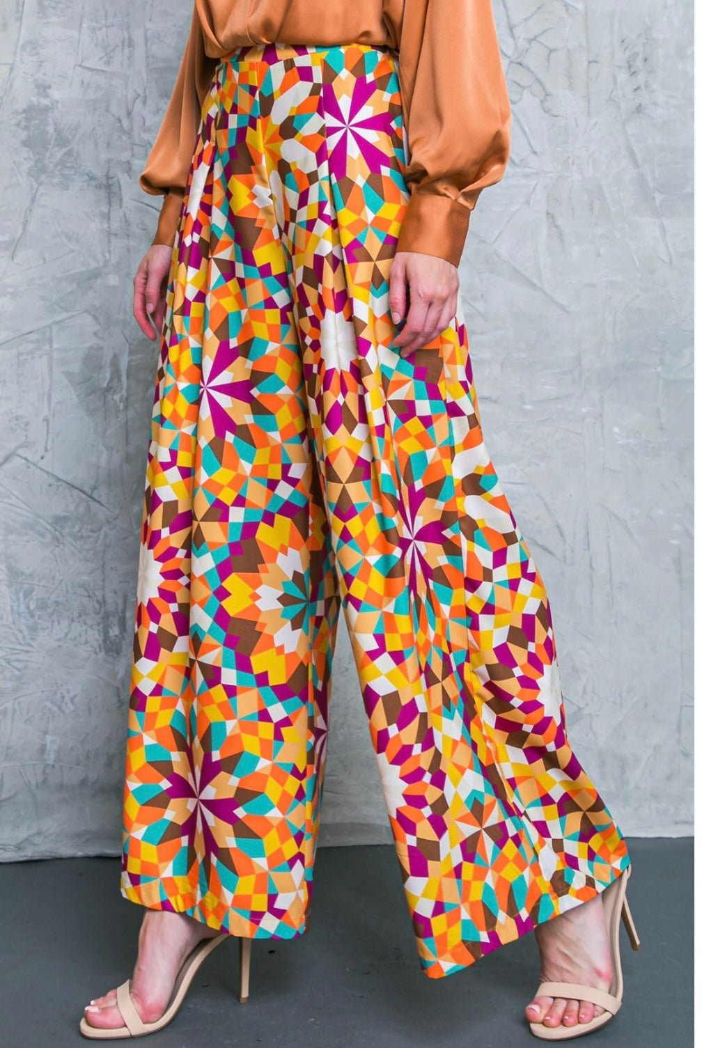 Luxury Berry Teal Rust Palazzo Pants - Elastic Waist, Wide Leg -100% Polyester - Sophisticated Style -  Bellasbylola.com