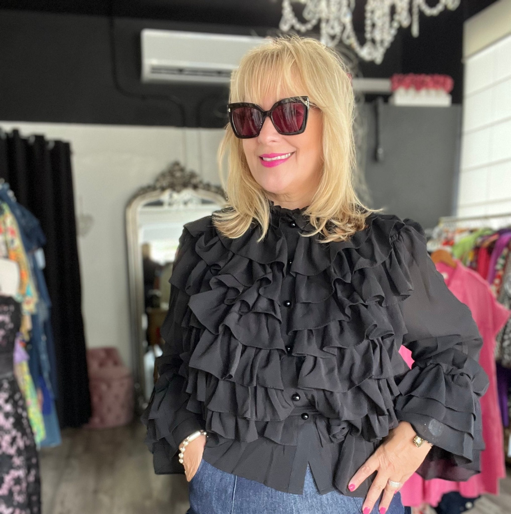 Boho Chic Ruffled Black Chiffon Blouse - Bella Boutique & Bellasbylola.com