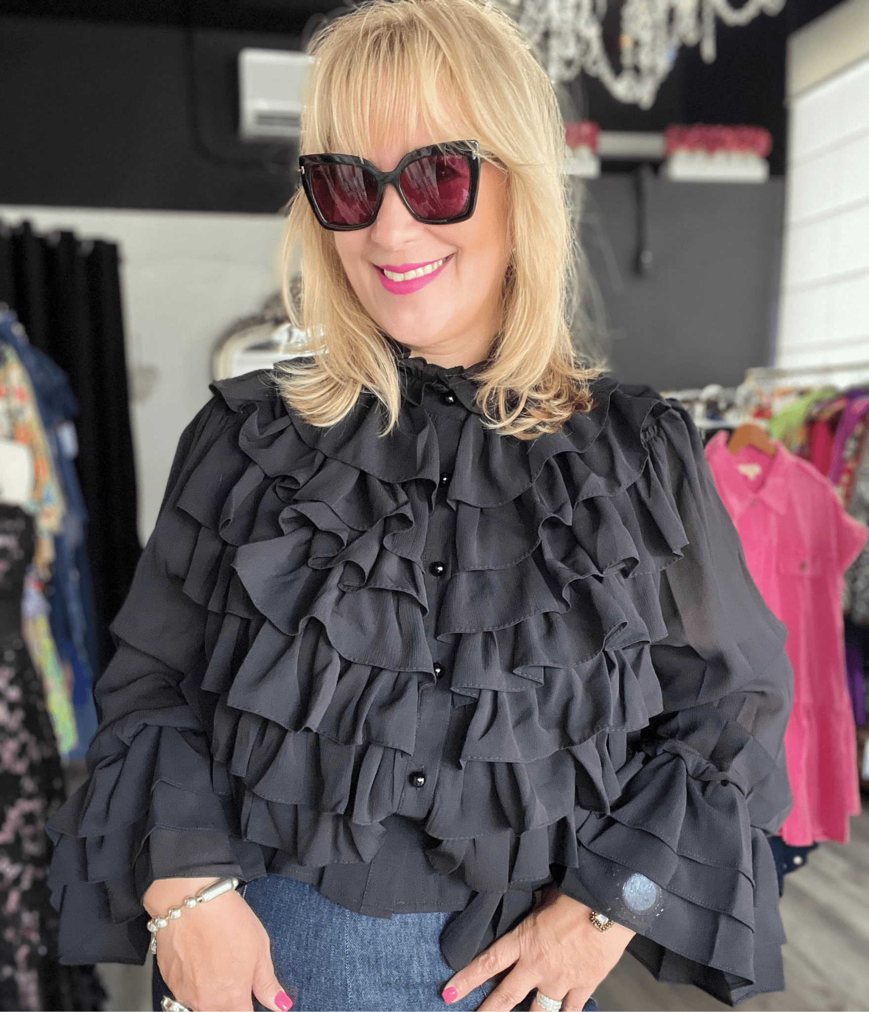 Boho Chic Ruffled Black Chiffon Blouse - Bella Boutique & Bellasbylola.com