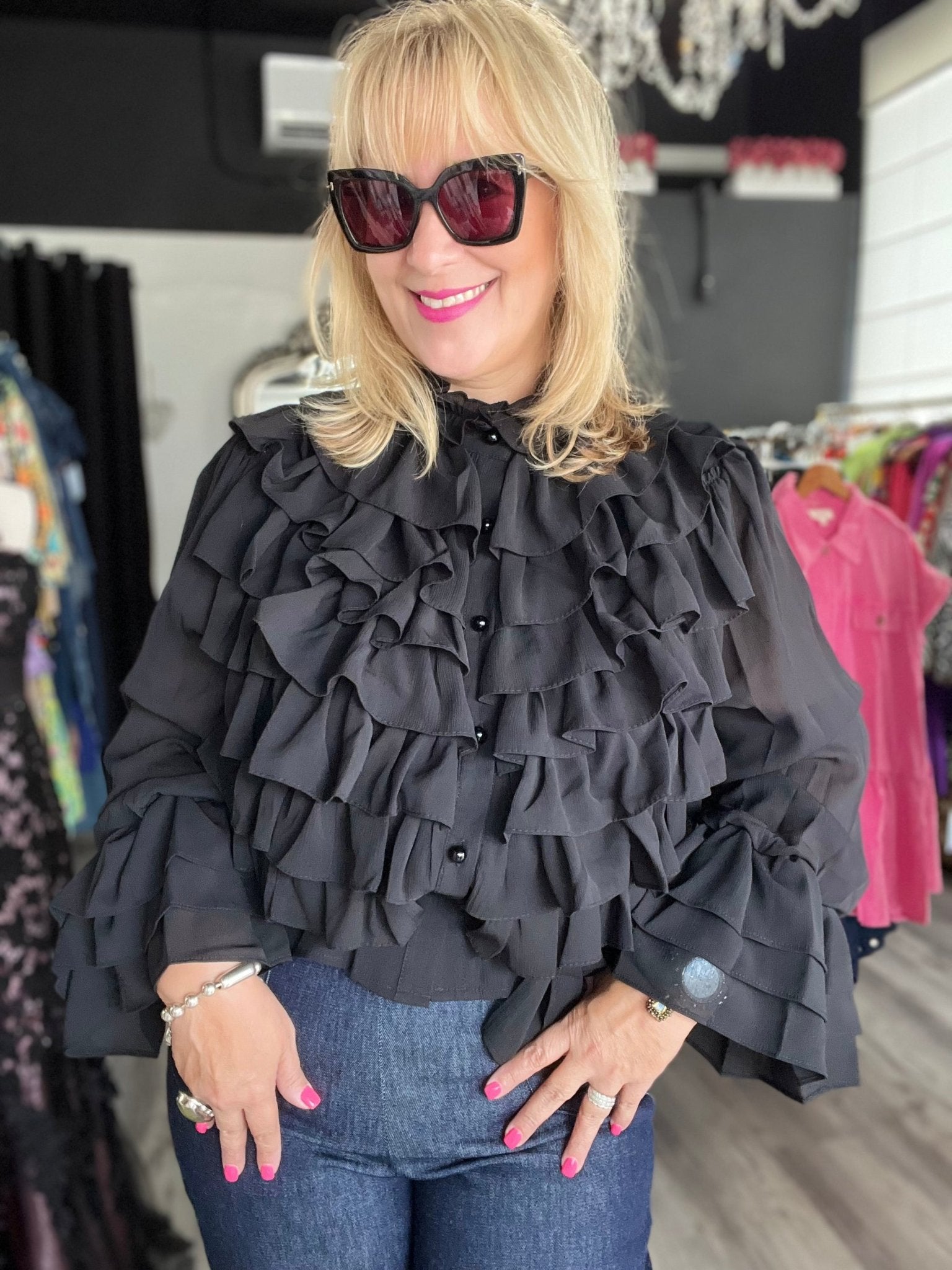 Boho Chic Ruffled Black Chiffon Blouse - Bella Boutique & Bellasbylola.com