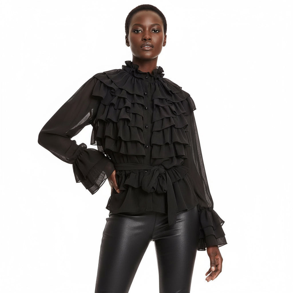 Boho Chic Ruffled Black Chiffon Blouse - Bella Boutique & Bellasbylola.com