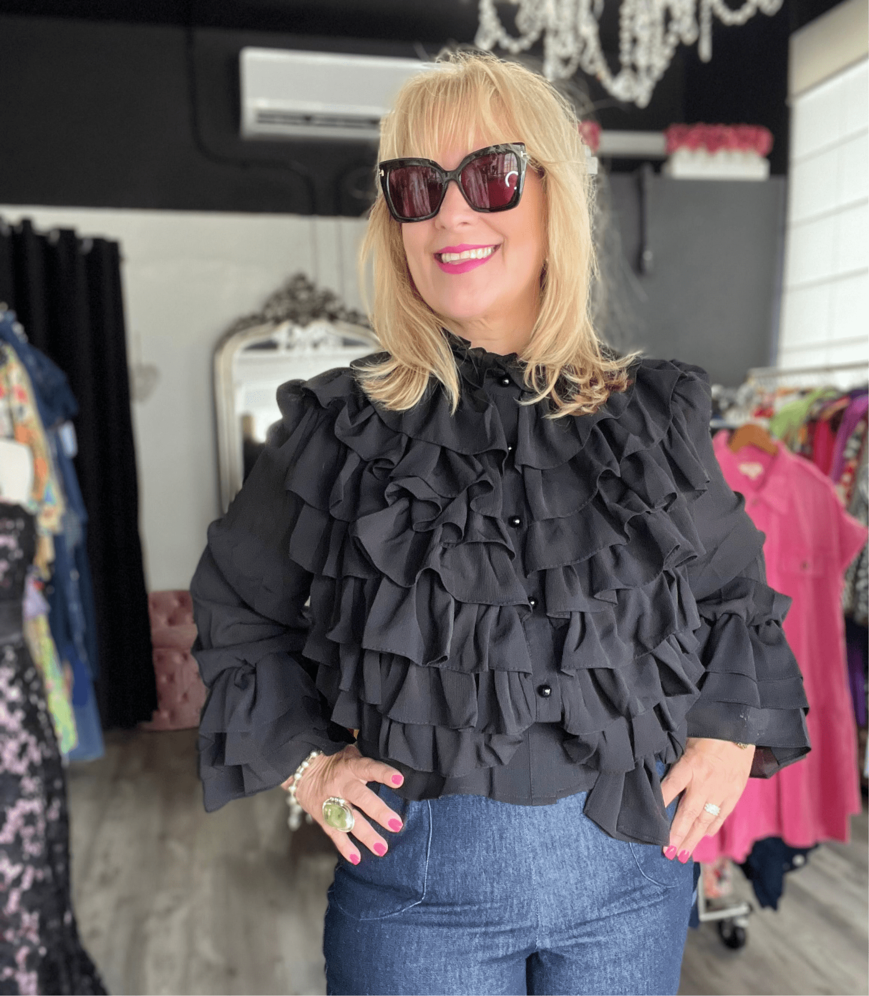 Boho Chic Ruffled Black Chiffon Blouse - Bella Boutique & Bellasbylola.com