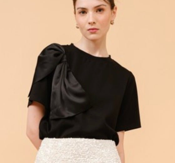 Black Bow Detail Short Sleeve Blouse - Bella Boutique & Bellasbylola.com