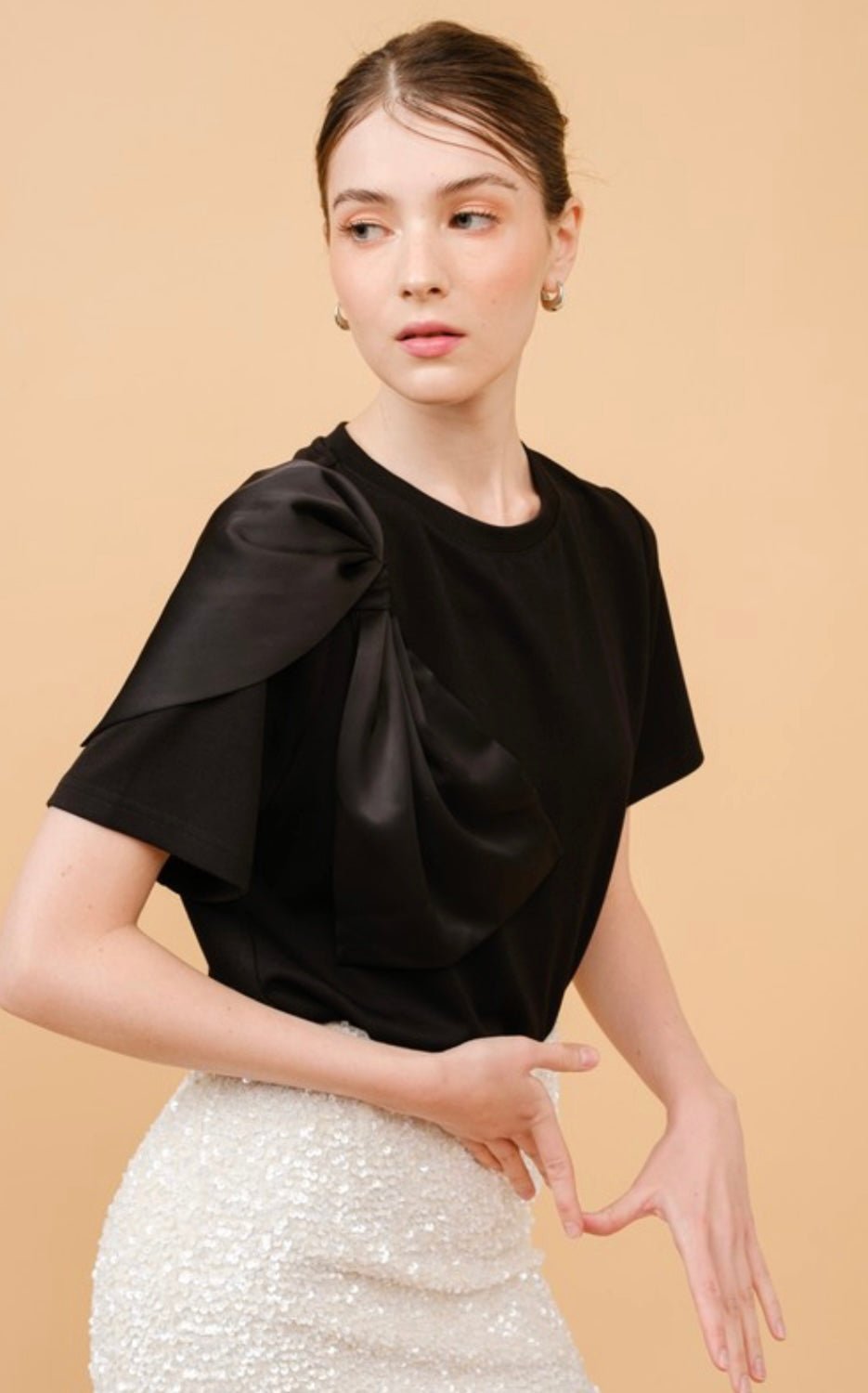 Black Bow Detail Short Sleeve Blouse - Bella Boutique & Bellasbylola.com