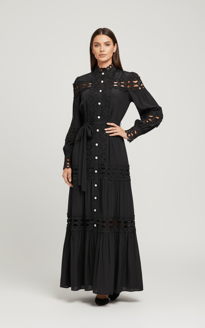 Black Crochet Maxi Dress with Self Tie Belt /Pearl Button Closure - Sleeve and Bodice Cut - Bella Boutique & Bellasbylola.com