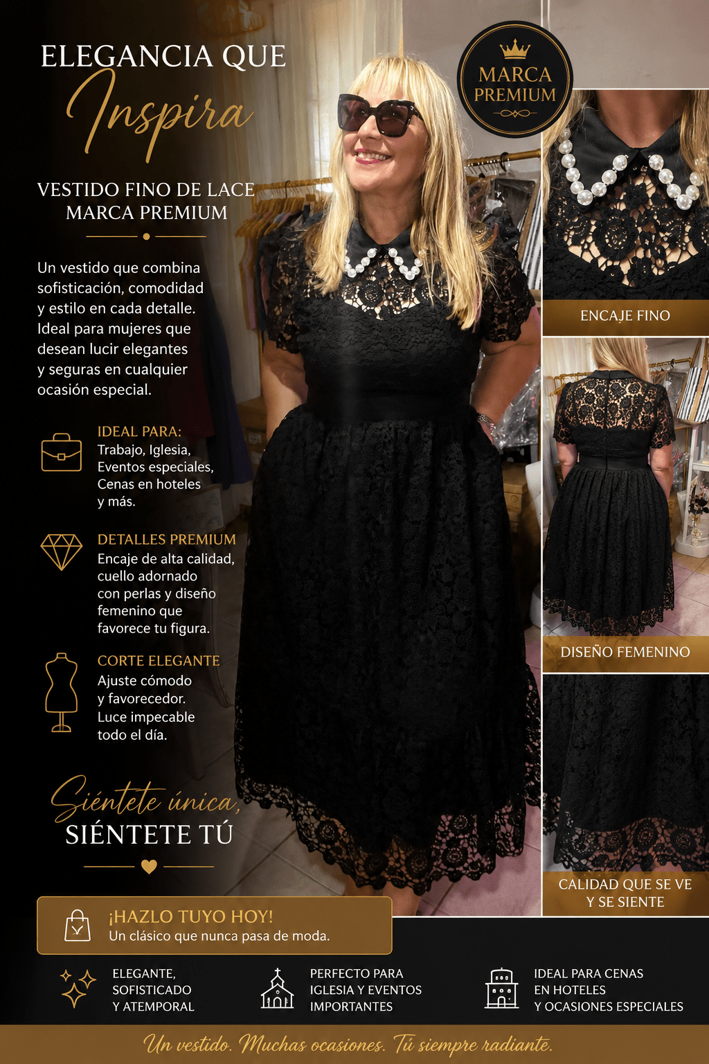 Black Embellish Collar Lace Midi Dress with short sleeves - IVU INCLUIDO - BELLASBYLOLA.COM