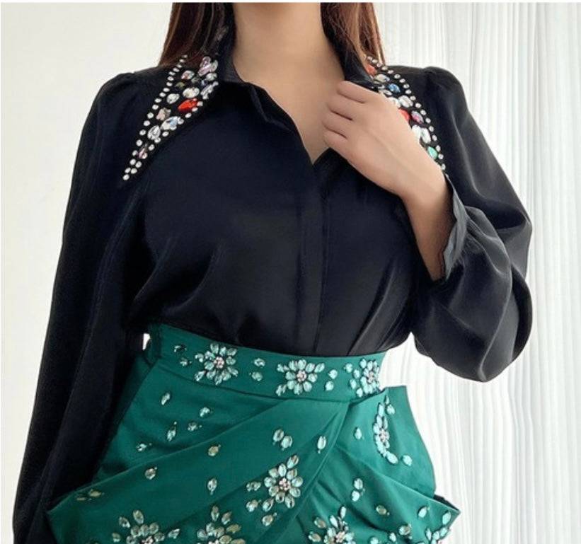 Luxurious Black Crystals Embellished Blouse - Elevate Your Style - Bella Boutique & Bellasbylola.com