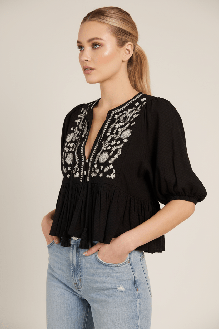 Black Embroidered Peplum Top - Made in India - Bella & Bellasbylola.com