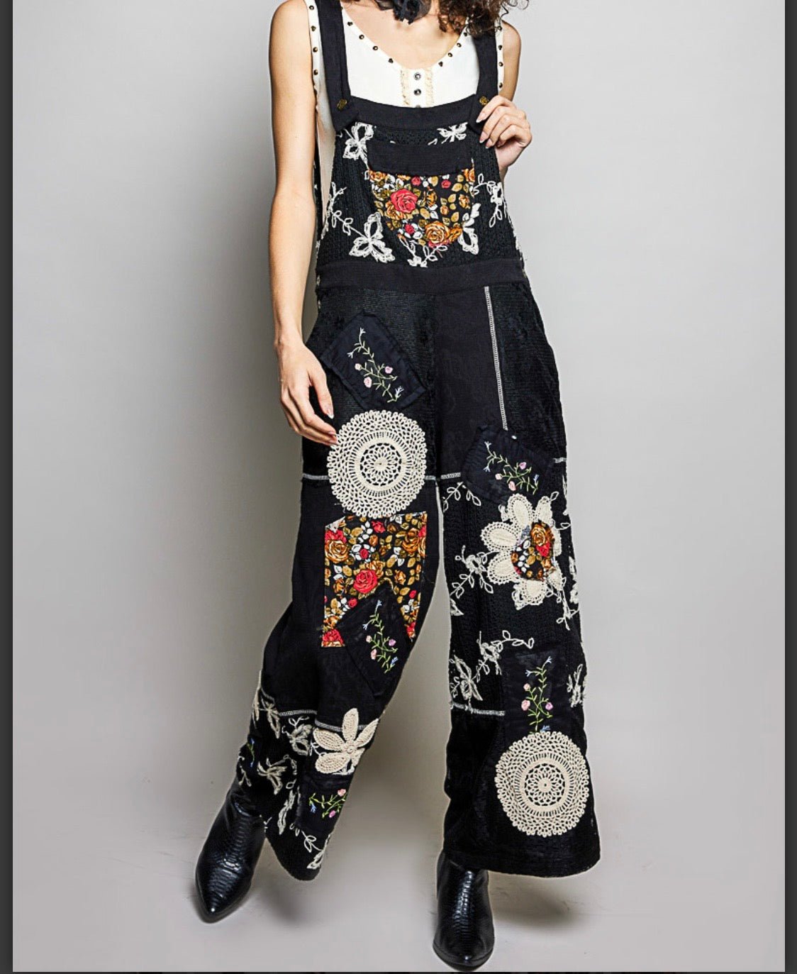 Black Lace Wide Leg Overall with crochet - Bella & Bellasbylola.com