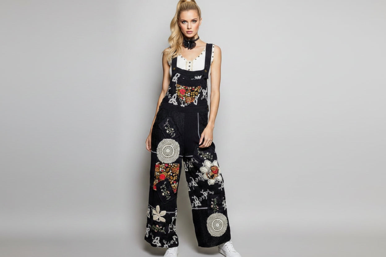 Black Lace Wide Leg Overall with crochet - Bella & Bellasbylola.com