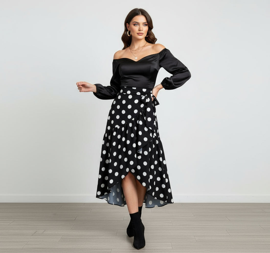 Chic Black Wrap Skirt with Polka Dots - Bella Boutique & Bellasbylola.com