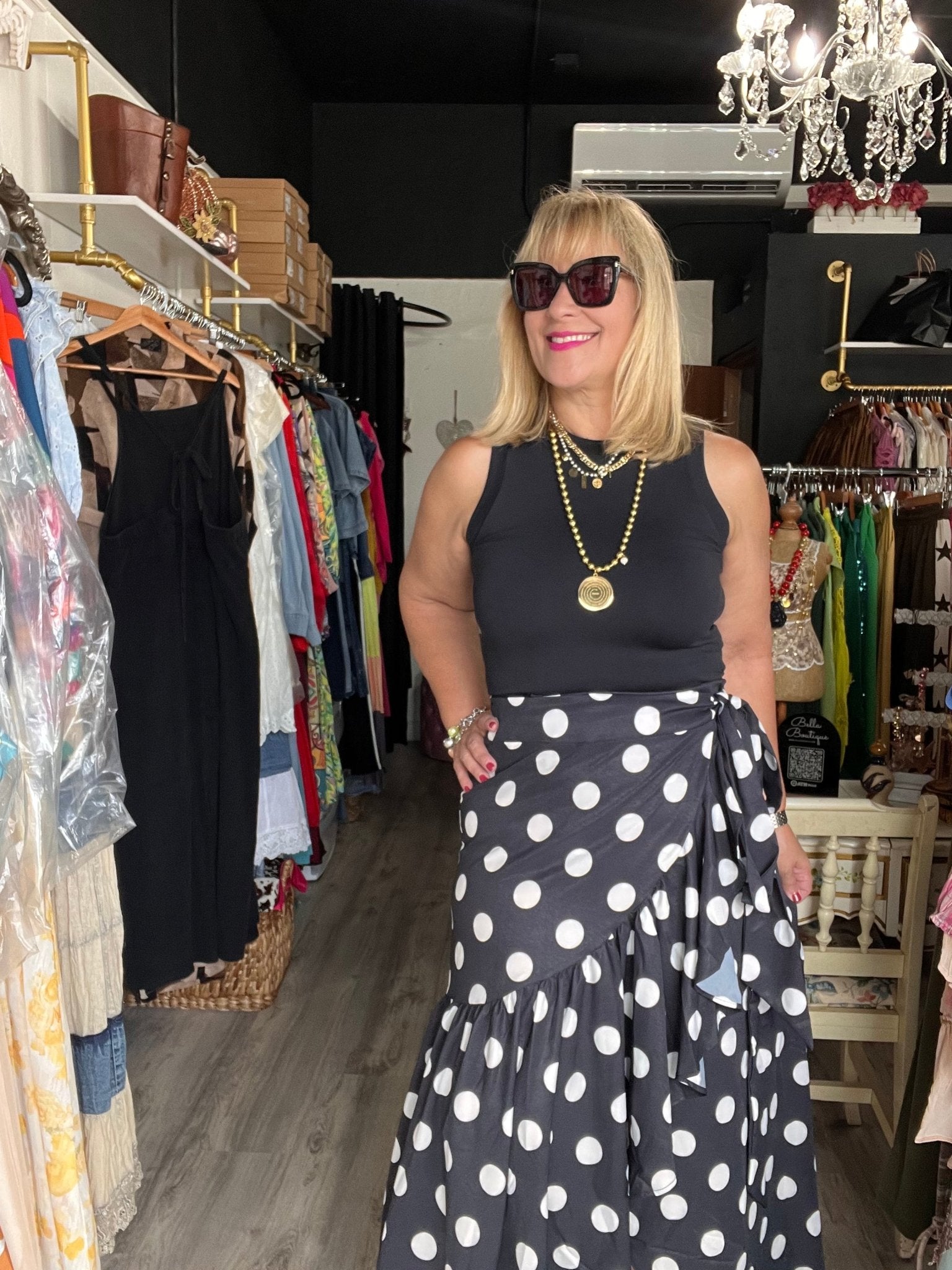 Chic Black Wrap Skirt with Polka Dots - Bella Boutique & Bellasbylola.com