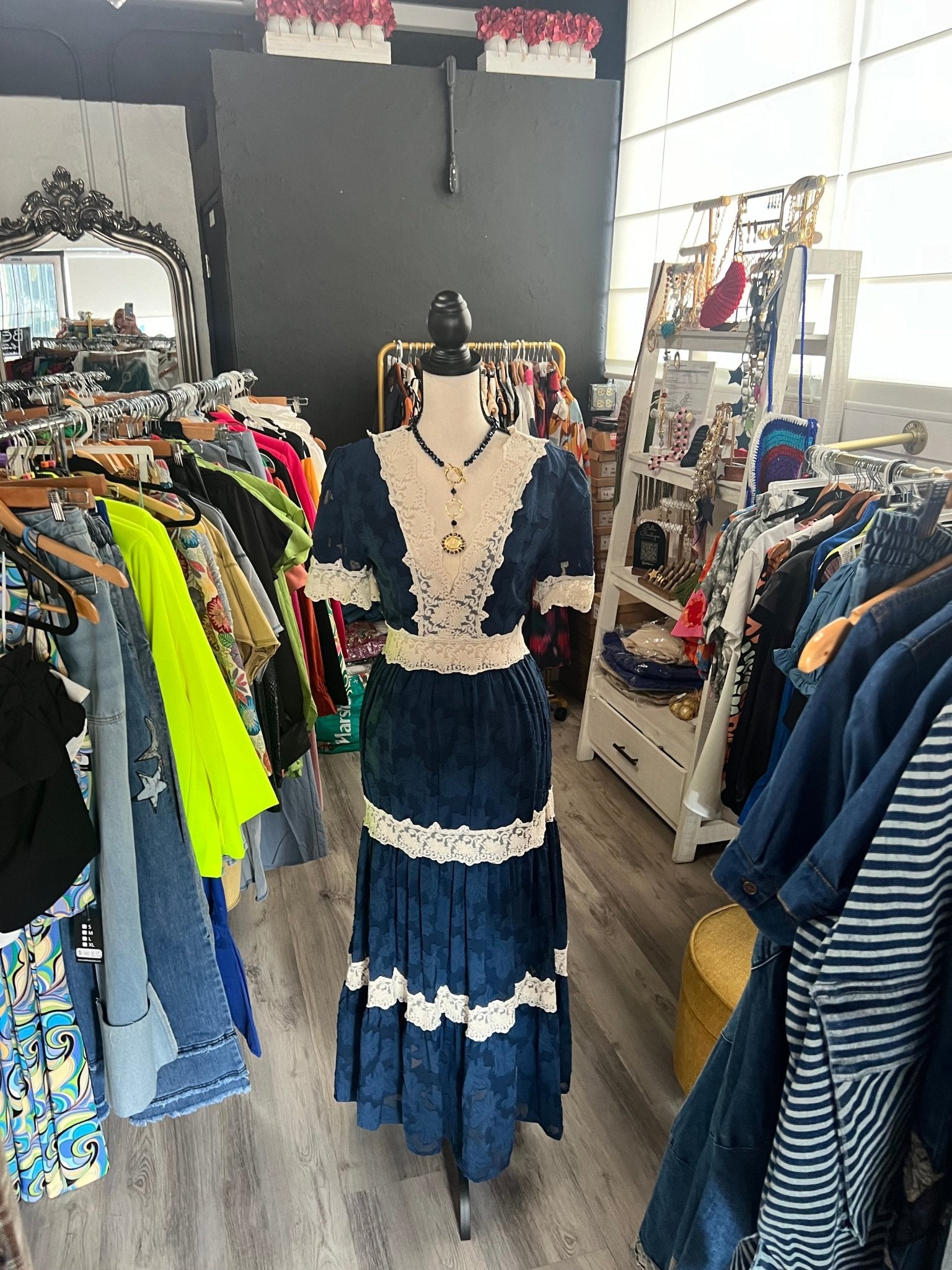 Blue Lace Midi Dress: Elegant, Feminine, Sophisticated - Bella Boutique & Bellasbylola.com