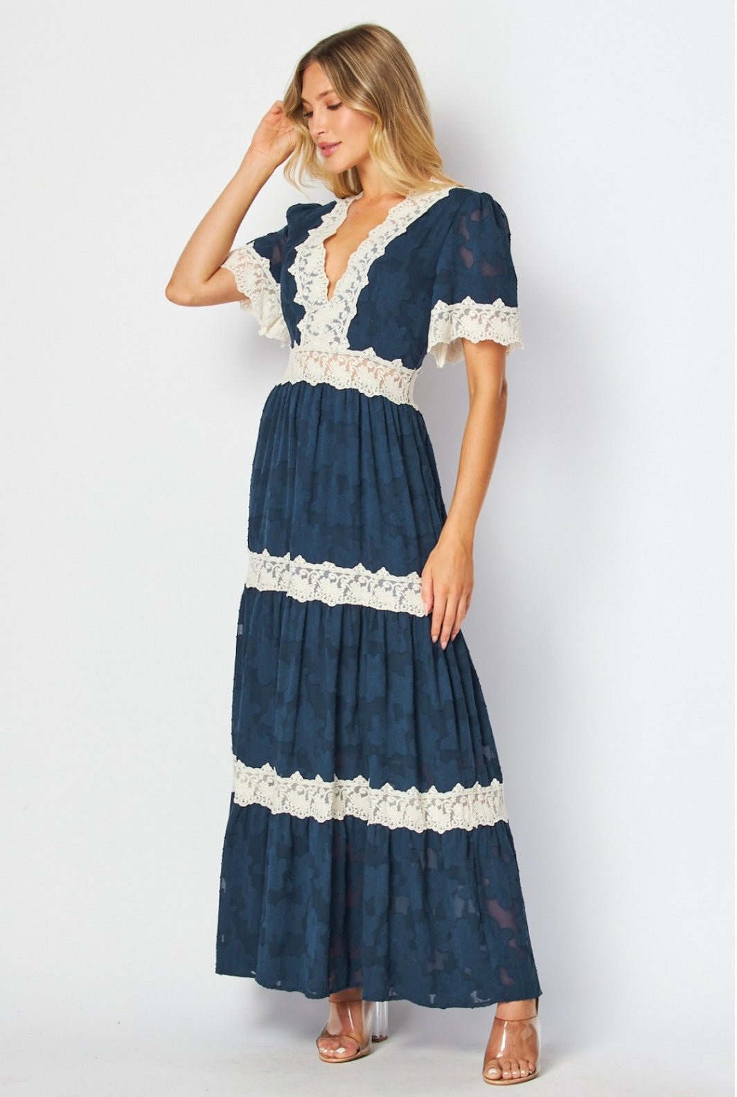 Blue Lace Midi Dress: Elegant, Feminine, Sophisticated - Bella Boutique & Bellasbylola.com
