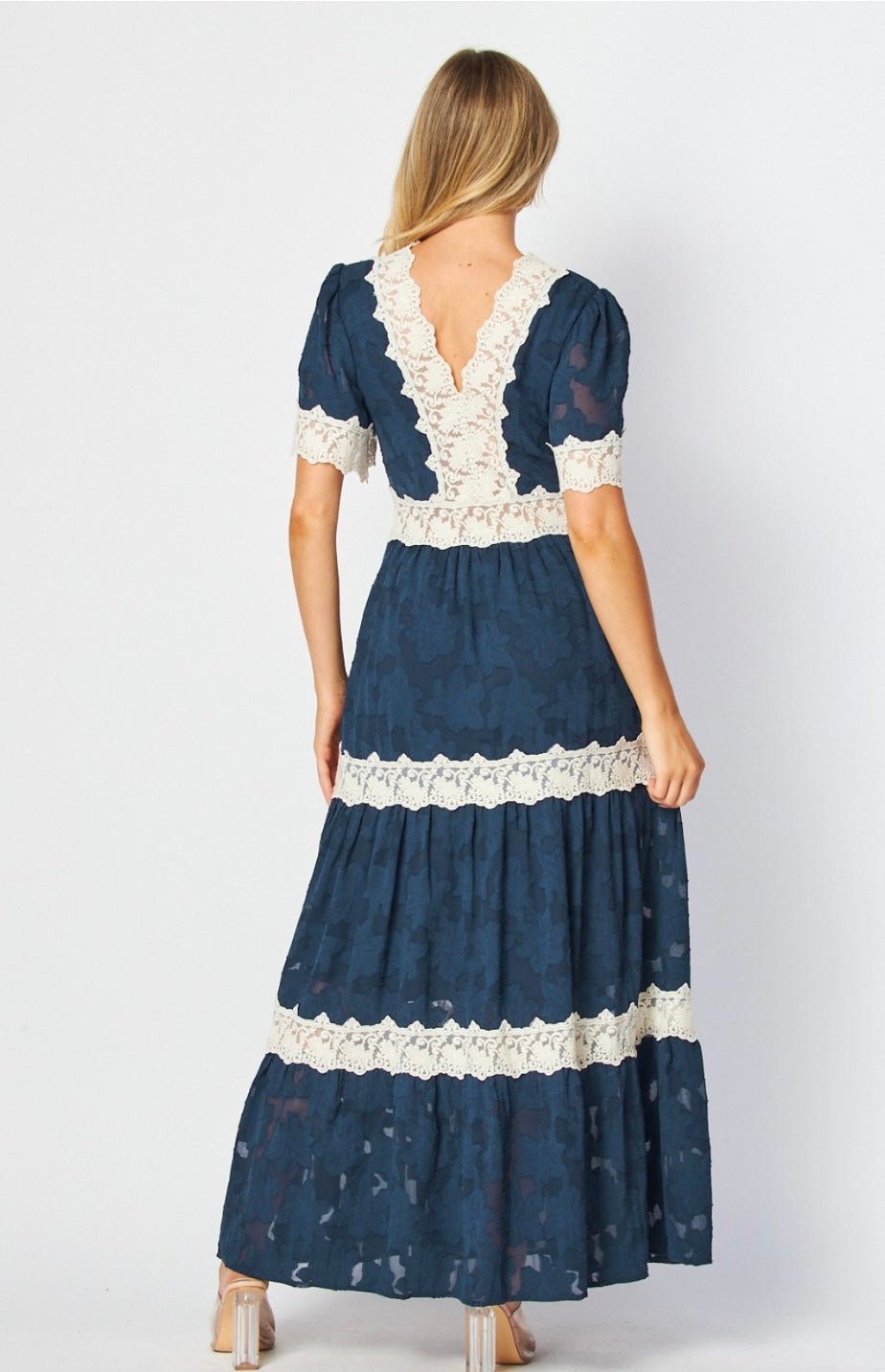 Blue Lace Midi Dress: Elegant, Feminine, Sophisticated - Bella Boutique & Bellasbylola.com