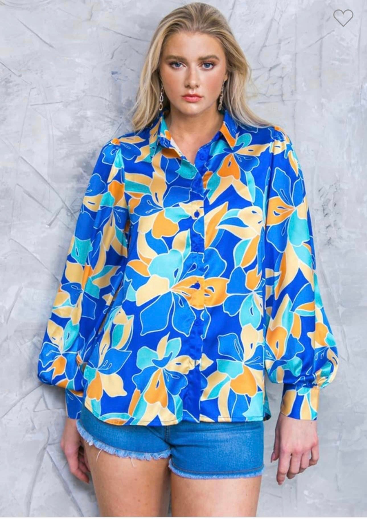 Blue Print Top: Elevate Your Style with Bold Collar, Cuffed Sleeves & Button DownComfort - Bella Boutique & Bellasbylola.com