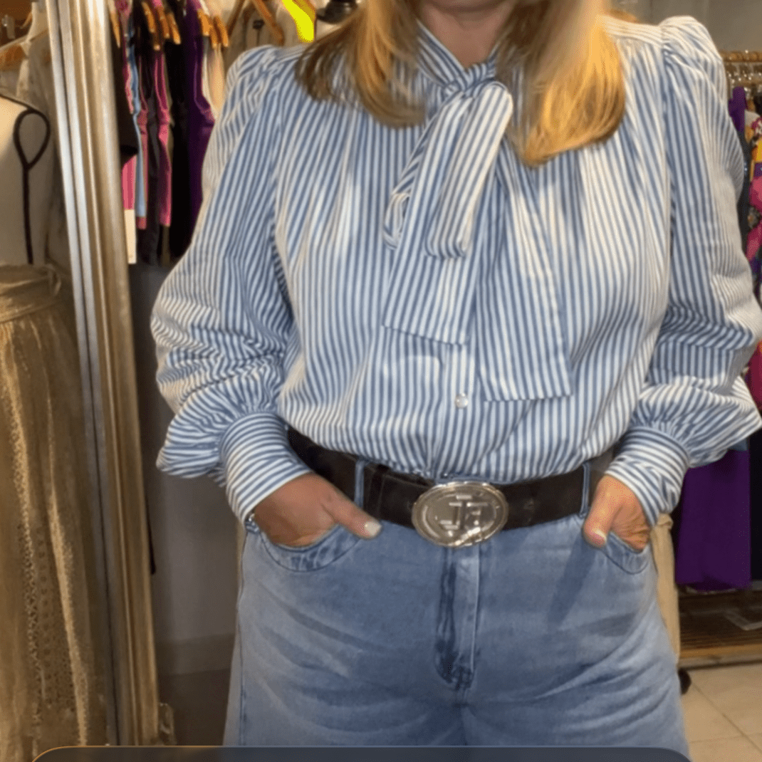 Blue Stripe Bow Tie Blouse – Elegant Feminine Statement Top - Bella & Bellasbylola.com