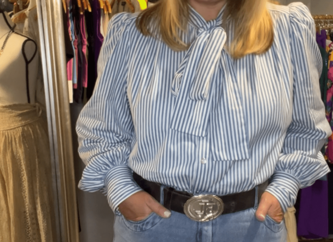 Blue Stripe Bow Tie Blouse – Elegant Feminine Statement Top - Bella & Bellasbylola.com