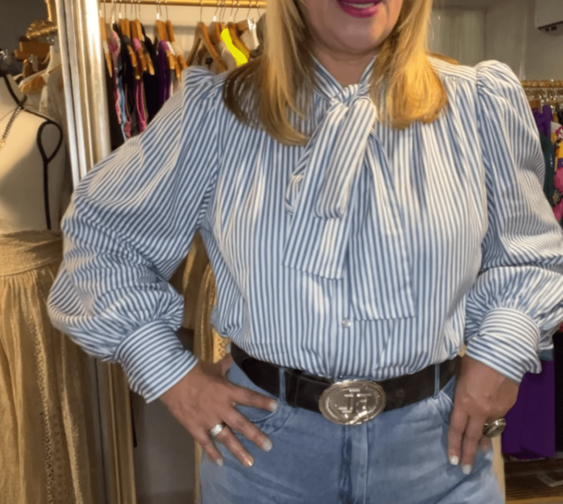 Blue Stripe Bow Tie Blouse – Elegant Feminine Statement Top - Bella & Bellasbylola.com
