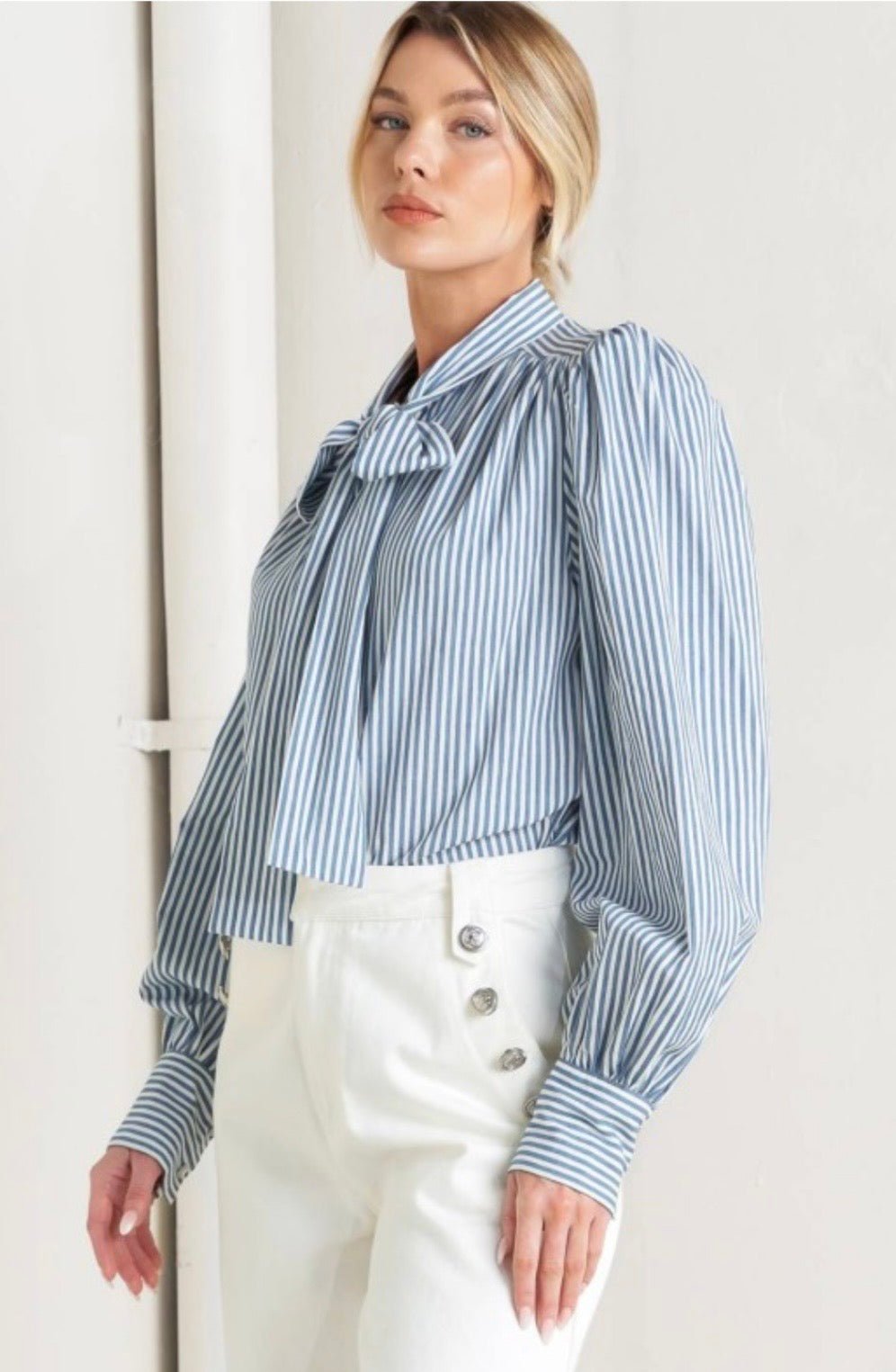 Blue Stripe Bow Tie Blouse – Elegant Feminine Statement Top - Pre - Orden - Bella & Bellasbylola.com