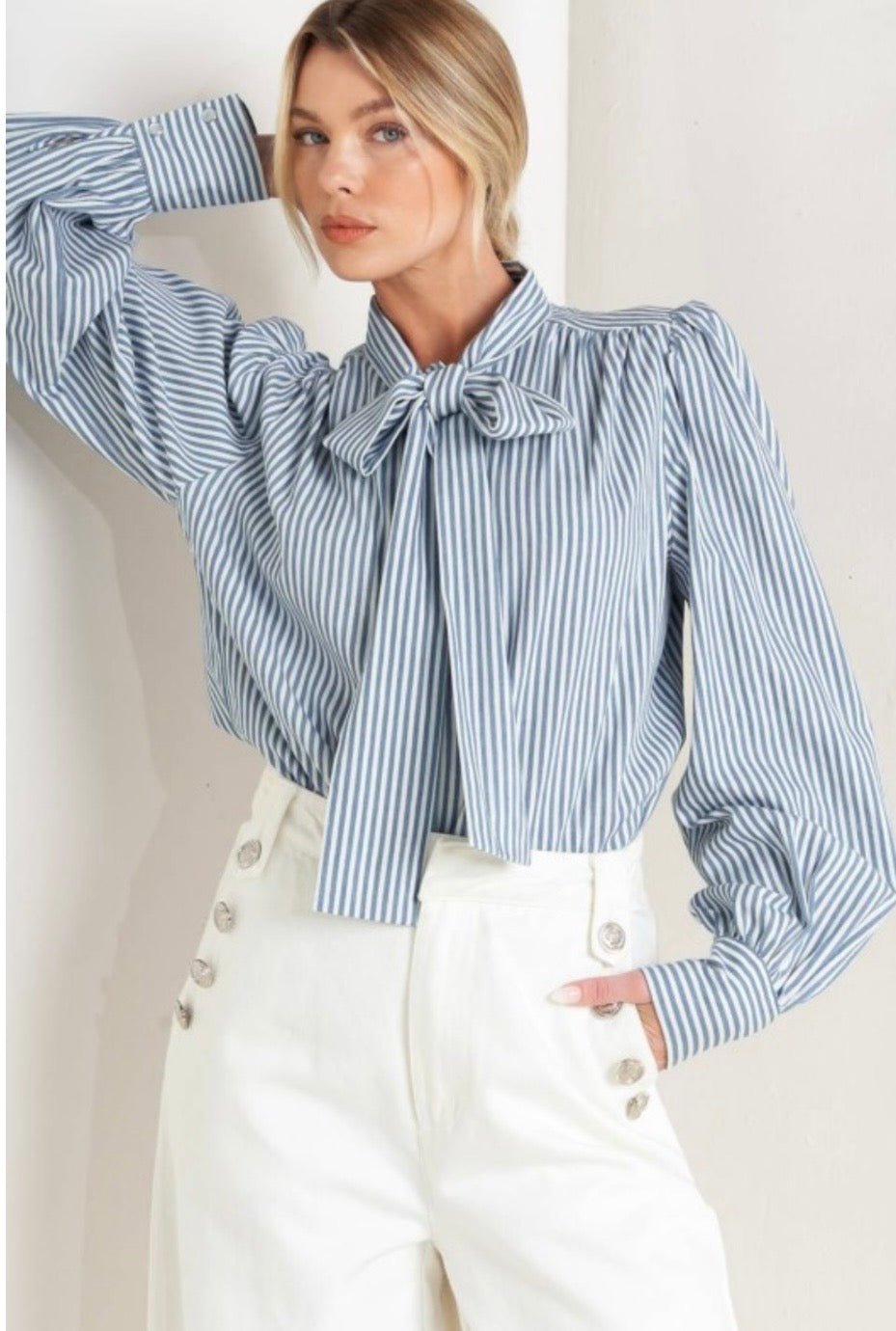 Blue Stripe Bow Tie Blouse – Elegant Feminine Statement Top - Pre - Orden - Bella & Bellasbylola.com