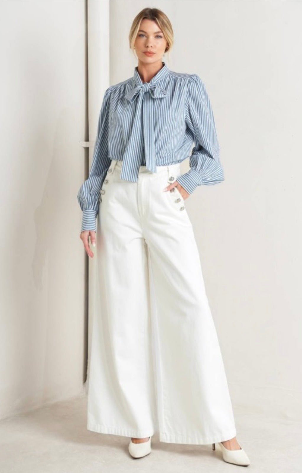 Blue Stripe Bow Tie Blouse – Elegant Feminine Statement Top - Pre - Orden - Bella & Bellasbylola.com