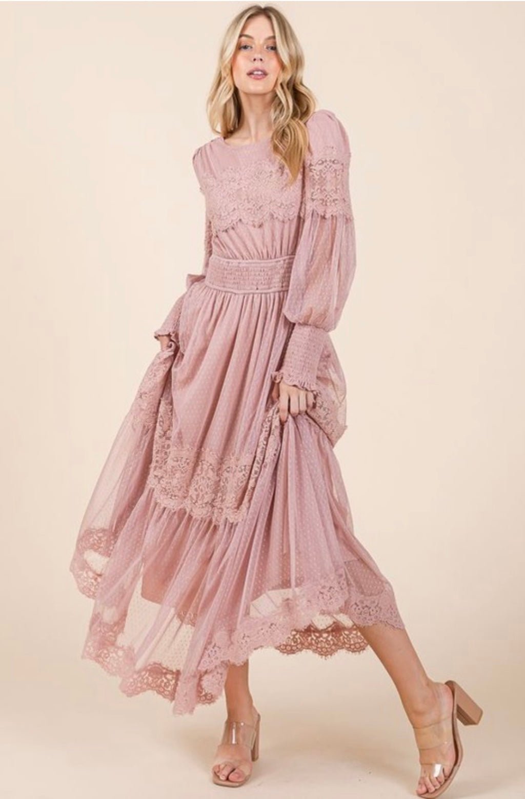 Blush Lace Maxi Dress: Elegant and Luxurious with Long Flowing Sleeves - 100% Polyester - Bella Boutique & Bellasbylola.com