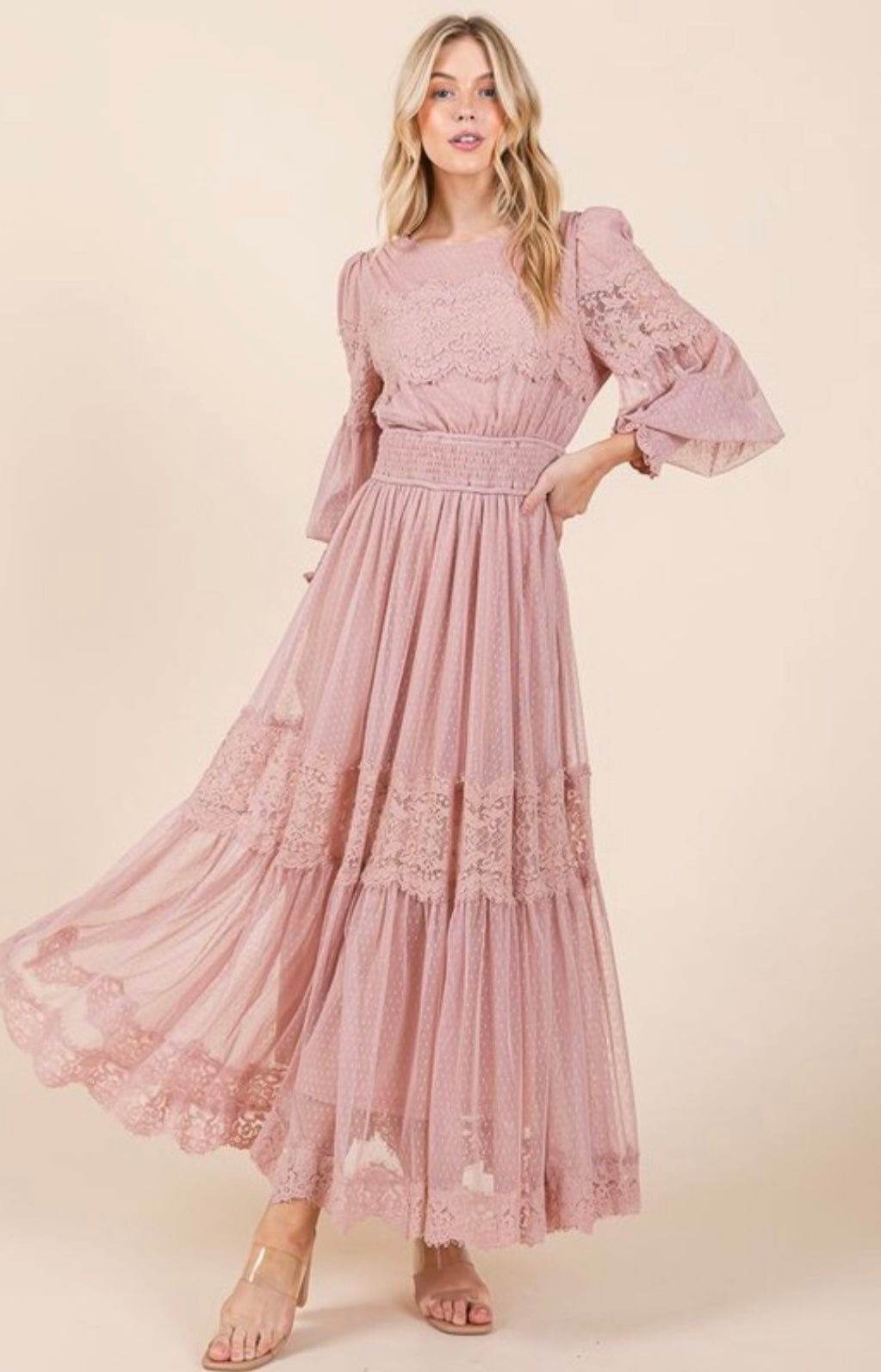 Blush Lace Maxi Dress: Elegant and Luxurious with Long Flowing Sleeves - 100% Polyester - Bella Boutique & Bellasbylola.com