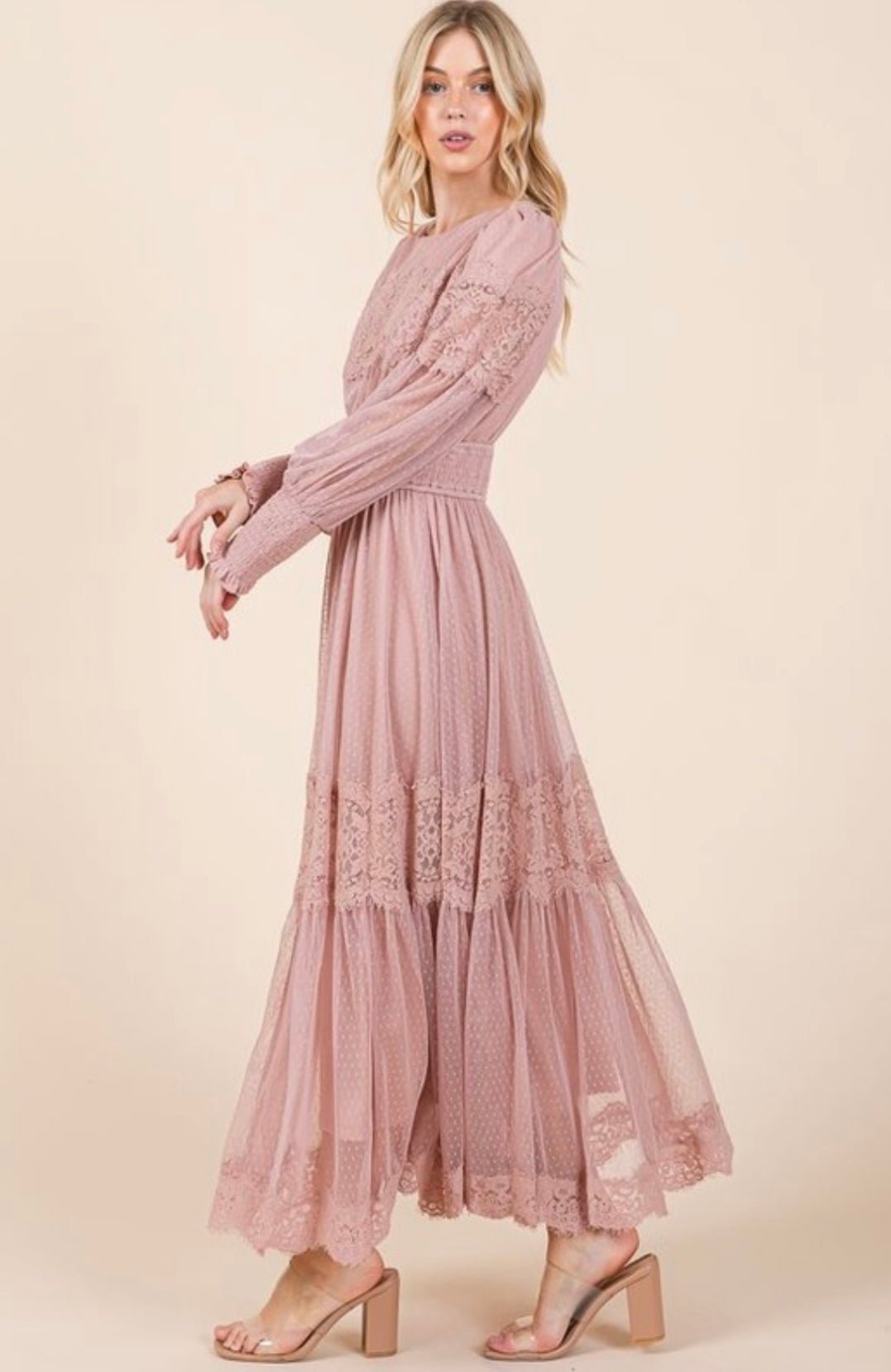 Blush Lace Maxi Dress: Elegant and Luxurious with Long Flowing Sleeves - 100% Polyester - Bella Boutique & Bellasbylola.com