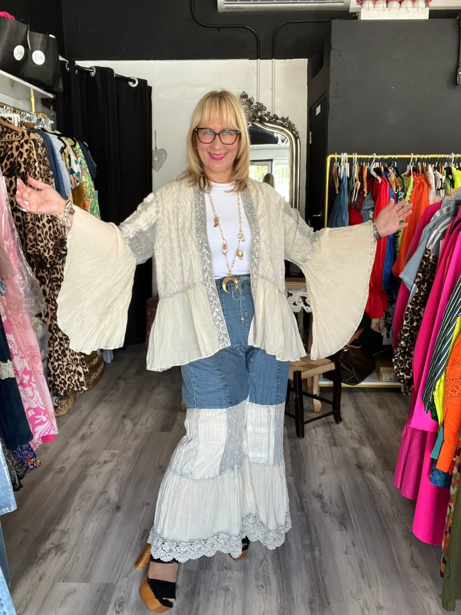 Bohemian Beige Denim Pants - Small thru XL - TAX Included - Bella Boutique & Bellasbylola.com