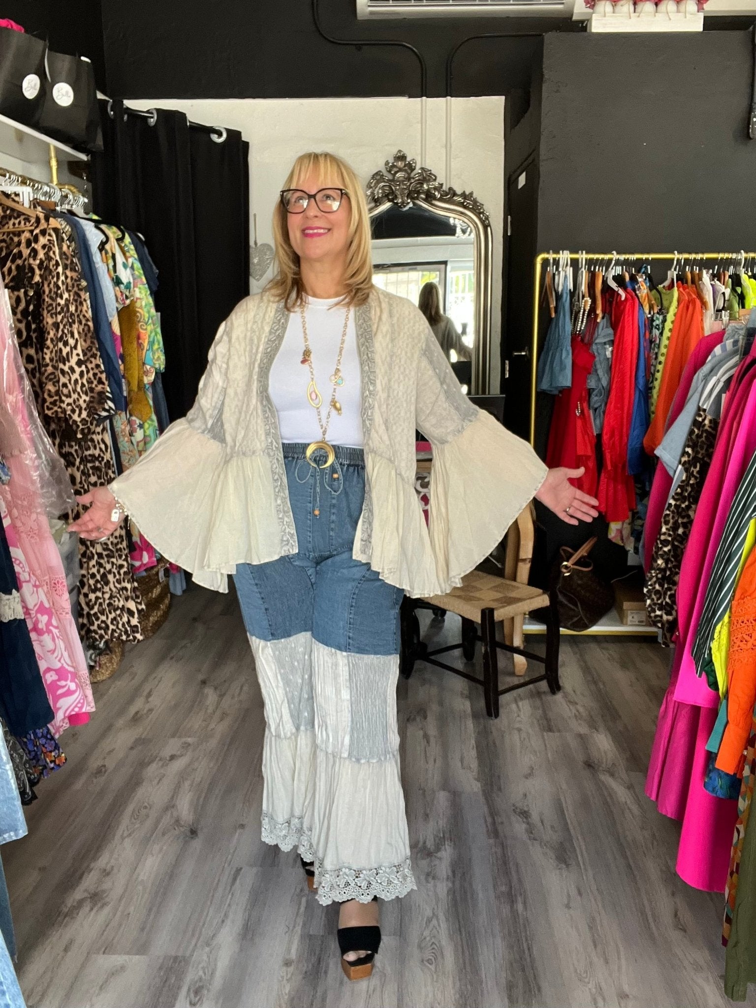 Bohemian Beige Denim Pants -Small thru XL - TAX Included - Bella Boutique & Bellasbylola.com