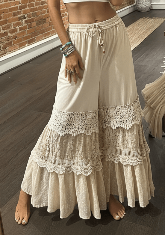 Boho Chic Desert Dream Wide Leg Pants with Knit & Lace - True to Size - BELLA BOUTIQUE & BELLASBYLOLA.COM 🇵🇷