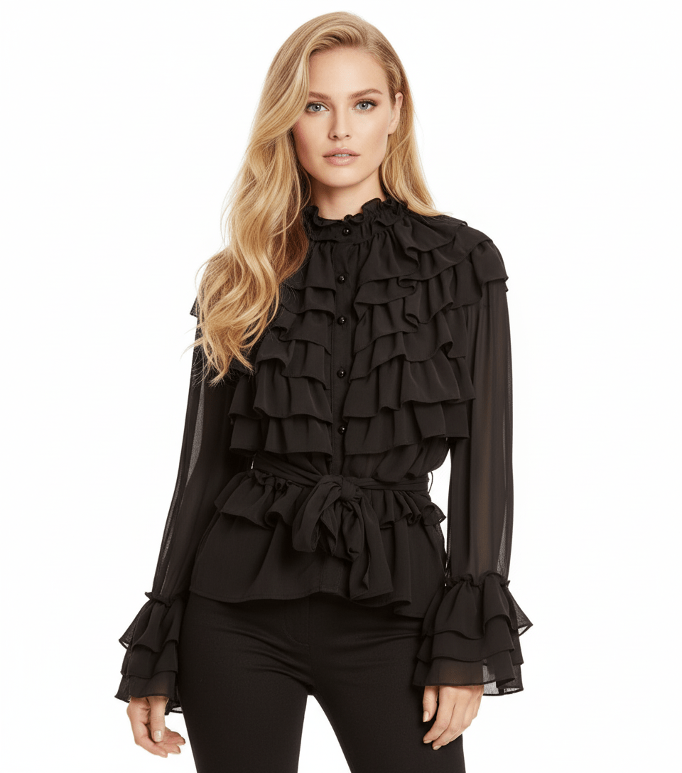 Boho Chic Ruffled Black Chiffon Blouse - Bella Boutique & Bellasbylola.com