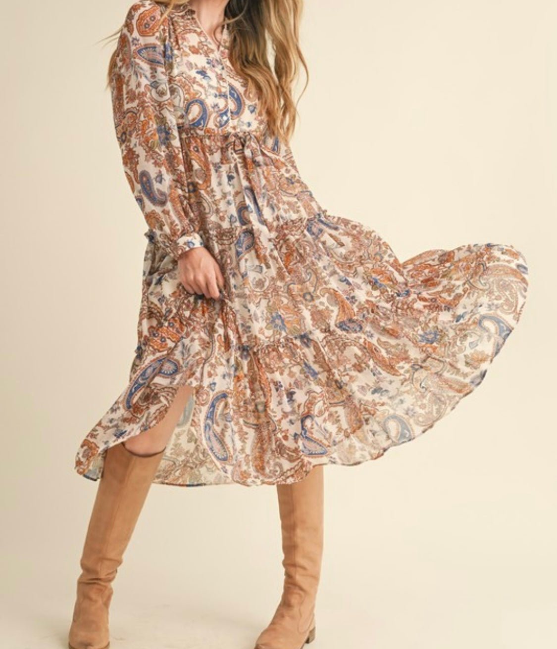 Boho Cream Paisley Midi Dress - NEW π« - Tax Incluido - Bella Boutique & Bellasbylola.com