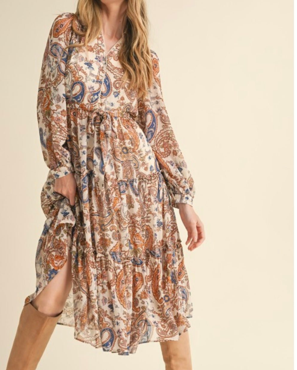 Boho Cream Paisley Midi Dress - NEW π« - Tax Incluido - Bella Boutique & Bellasbylola.com