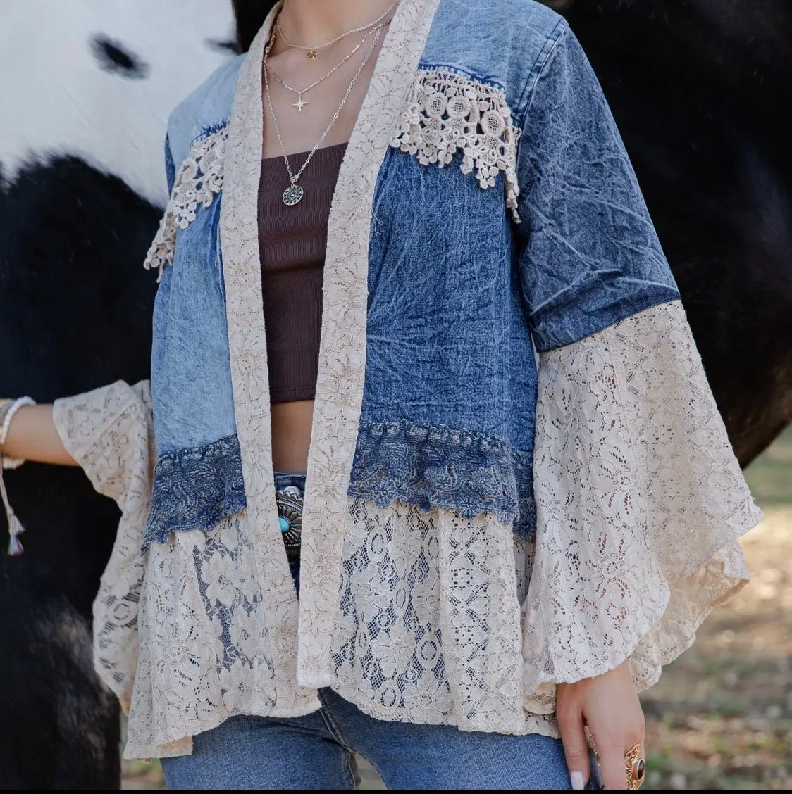 Boho Lace & Denim Patch Kimono - Bella & Bellasbylola.com