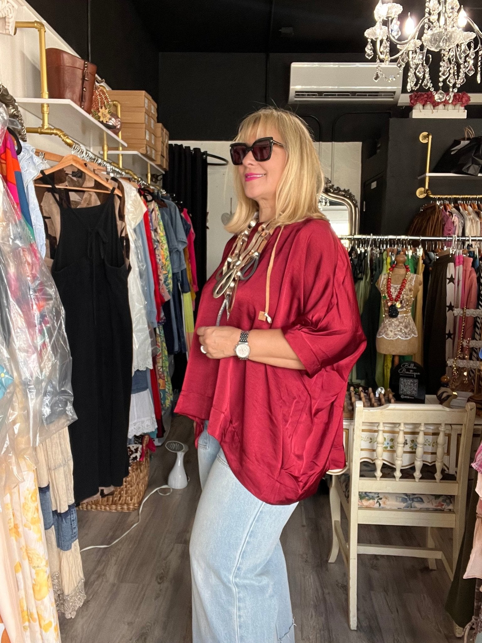 Burgundy Satin Tunic Blouse - Bella Boutique & Bellasbylola.com