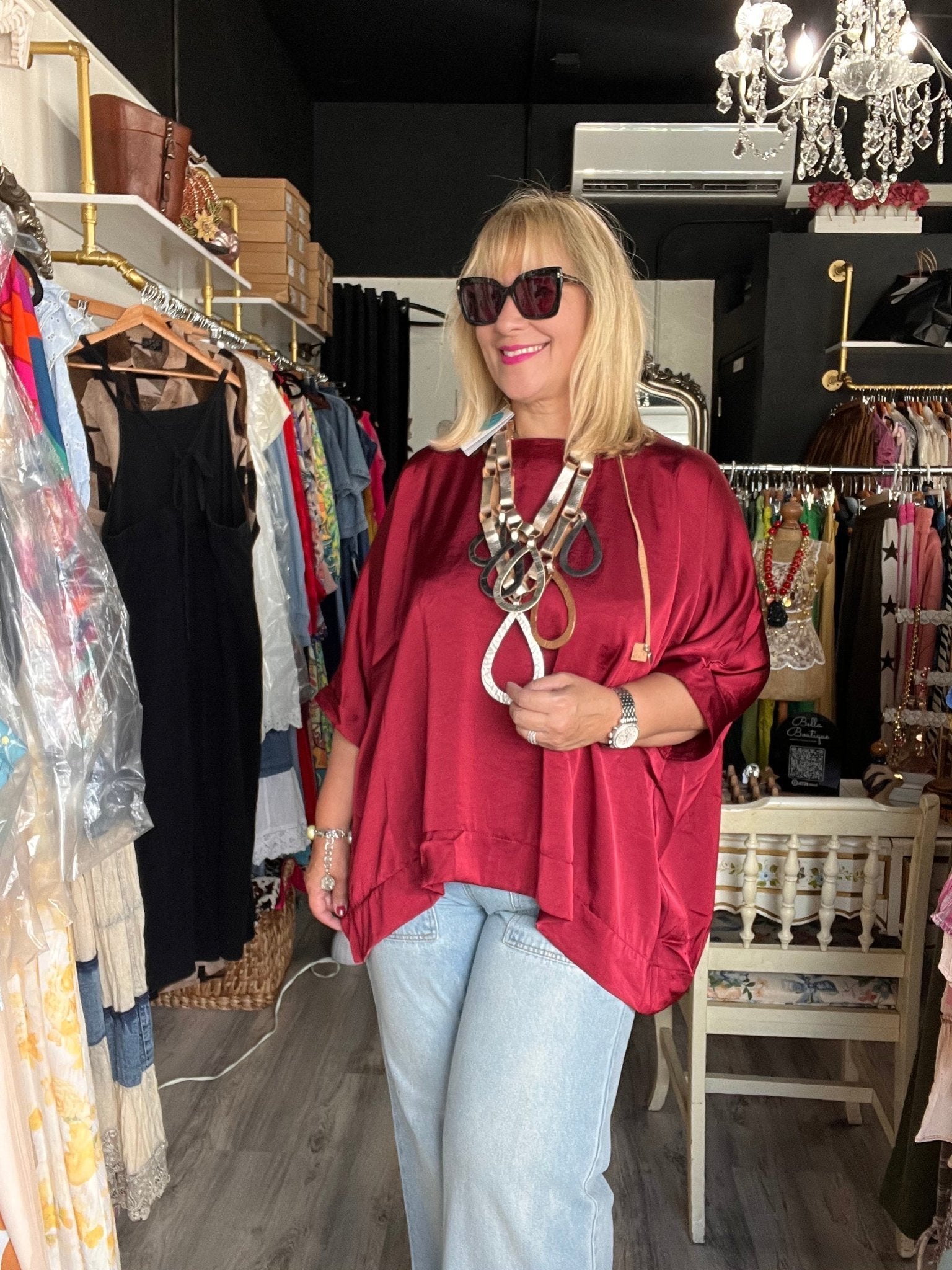 Burgundy Satin Tunic Blouse - Bella Boutique & Bellasbylola.com