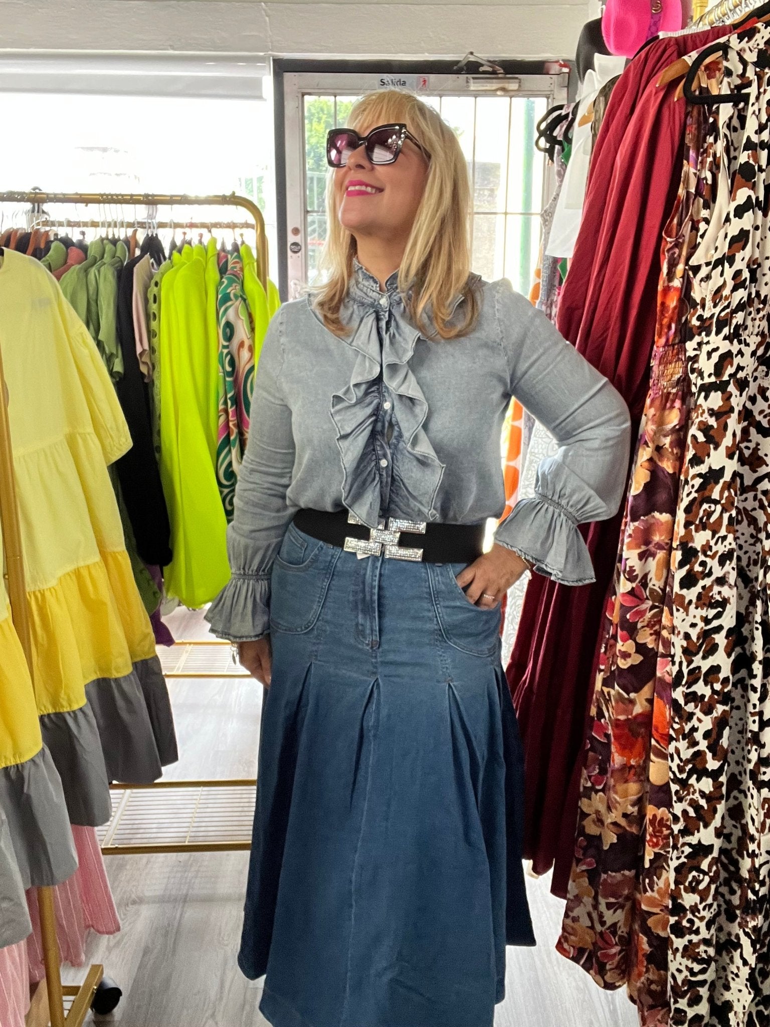 Button Down Ruffle Long Sleeve Tencel Blouse - Bella Boutique & Bellasbylola.com