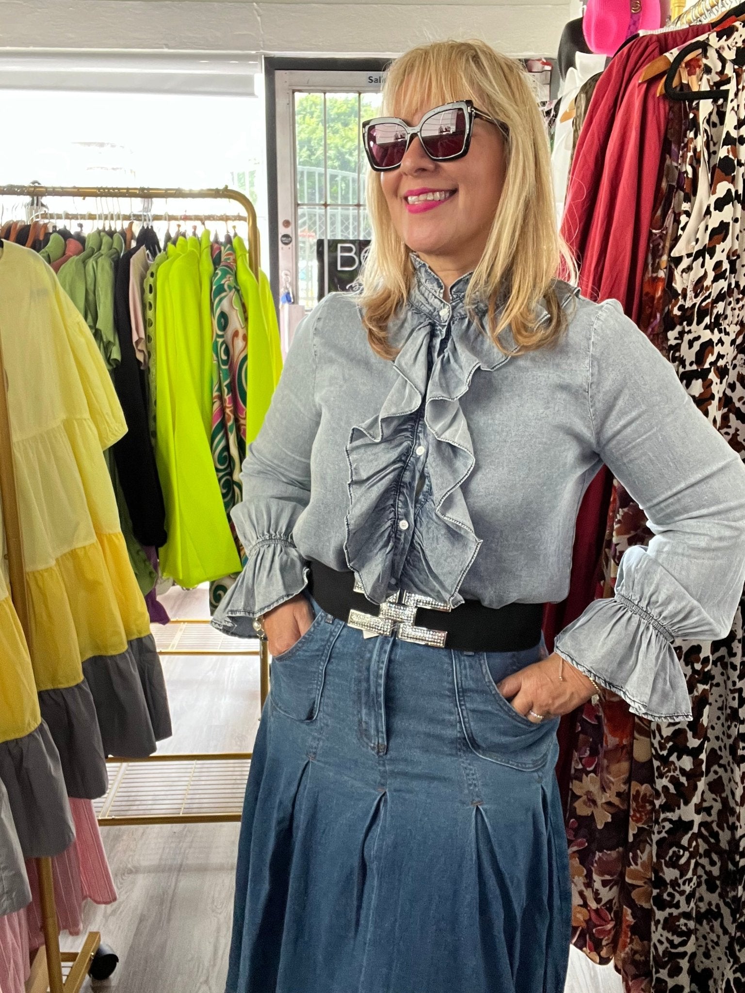 Button Down Ruffle Long Sleeve Tencel Blouse - Bella Boutique & Bellasbylola.com
