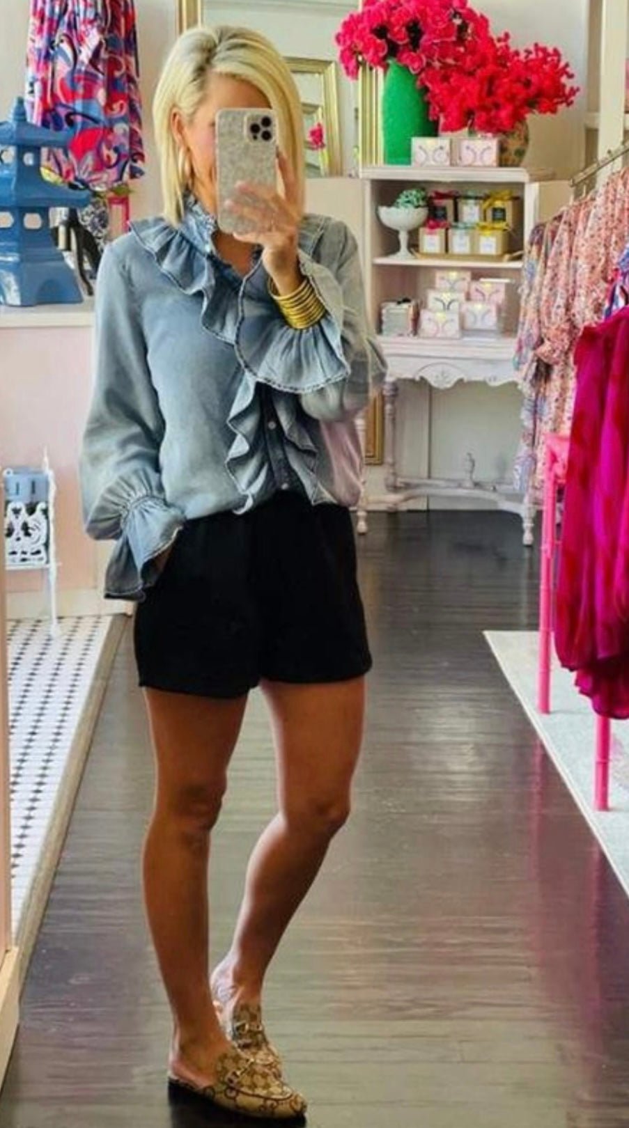 Button Down Ruffle Long Sleeve Tencel Blouse - Bella Boutique & Bellasbylola.com