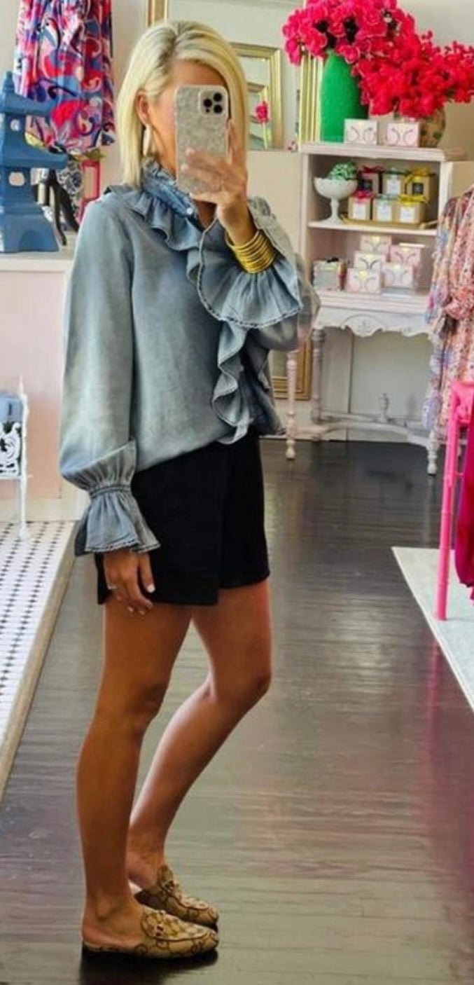 Button Down Ruffle Long Sleeve Tencel Blouse - Bella Boutique & Bellasbylola.com