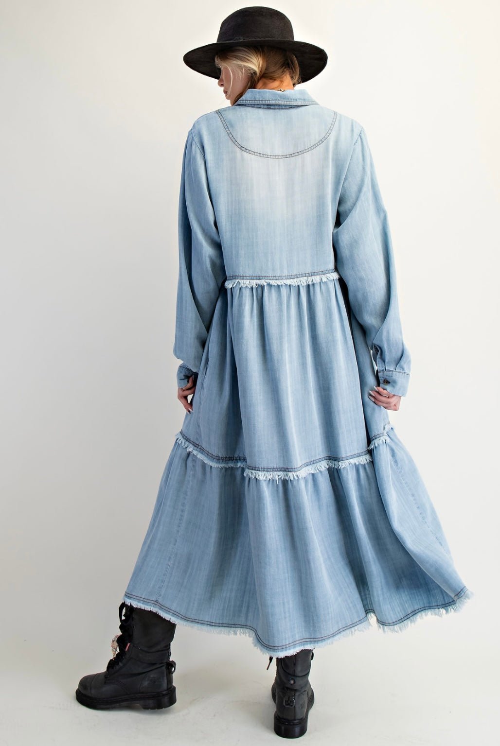 Button Front Wash Denim Maxi Dress-Tencel - Bella Boutique & Bellasbylola.com